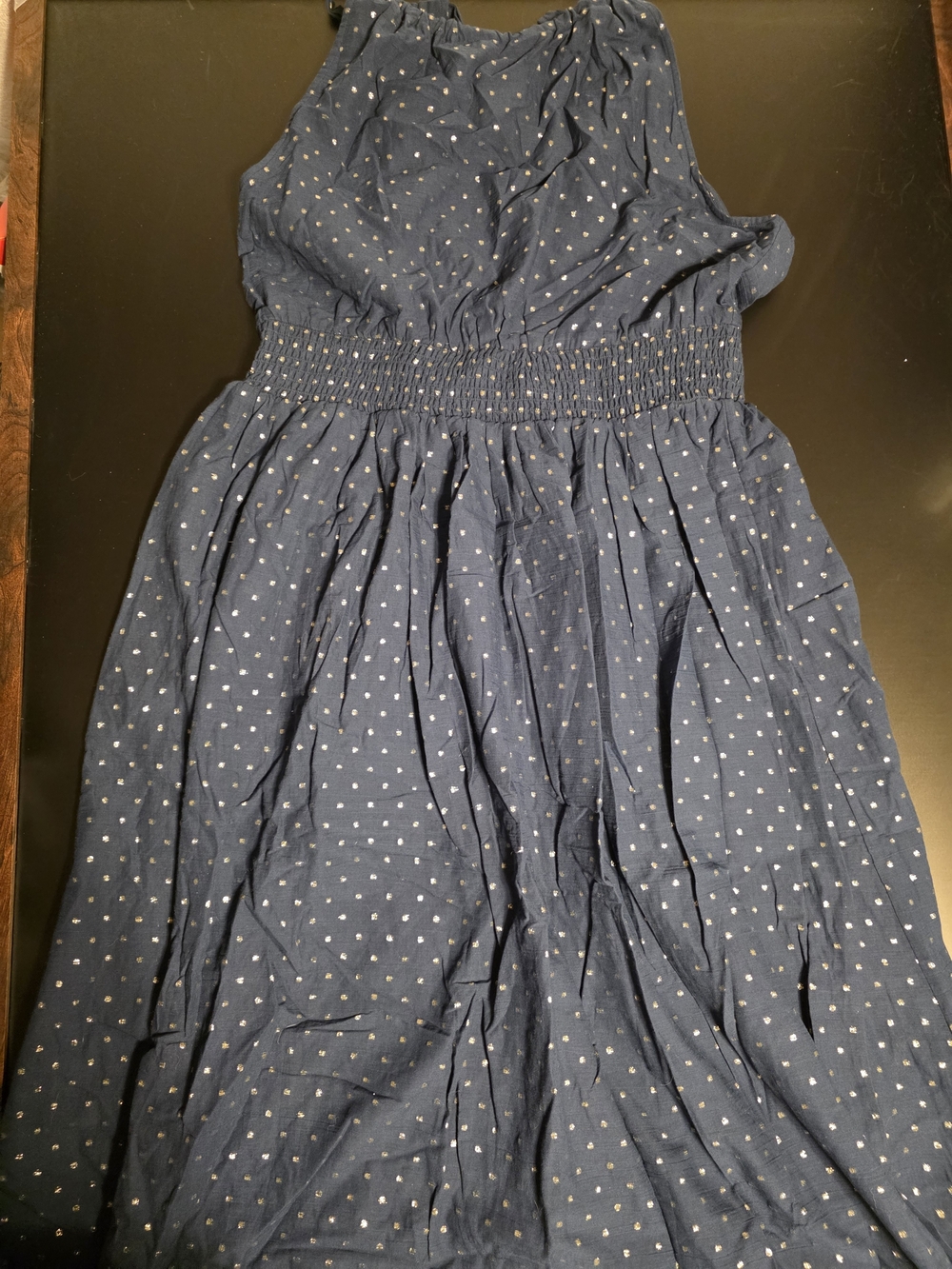 Navy Blue Smocked Waist Shimmer Dot Print Dress